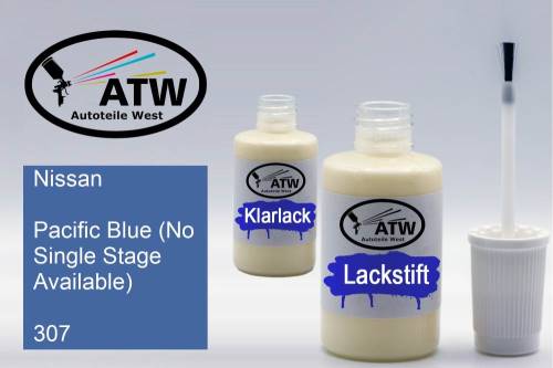 Nissan, Pacific Blue (No Single Stage Available), 307: 20ml Lackstift + 20ml Klarlack - Set, von ATW Autoteile West.